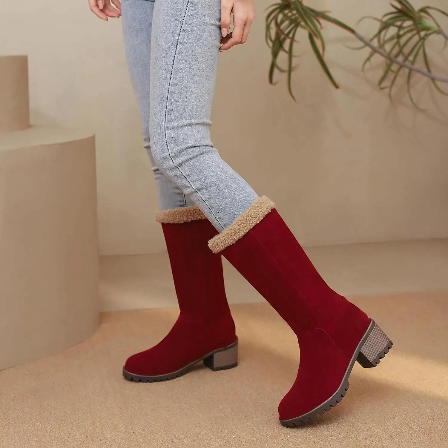 Gicoiz Women Block Heels Warm Mid Calf Snow Boots