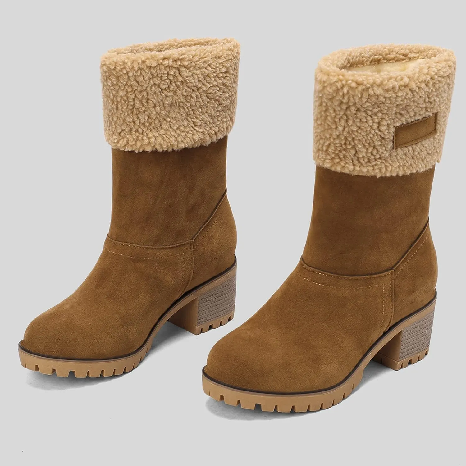 Gicoiz Women Block Heels Warm Mid Calf Snow Boots