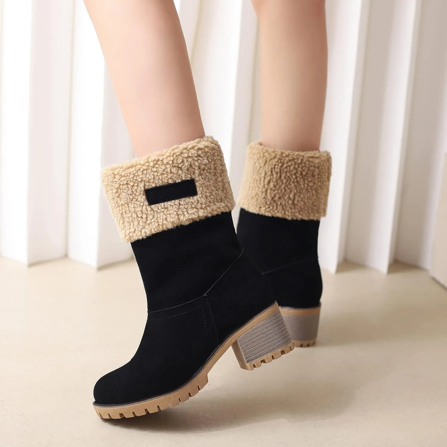 Gicoiz Women Block Heels Warm Mid Calf Snow Boots