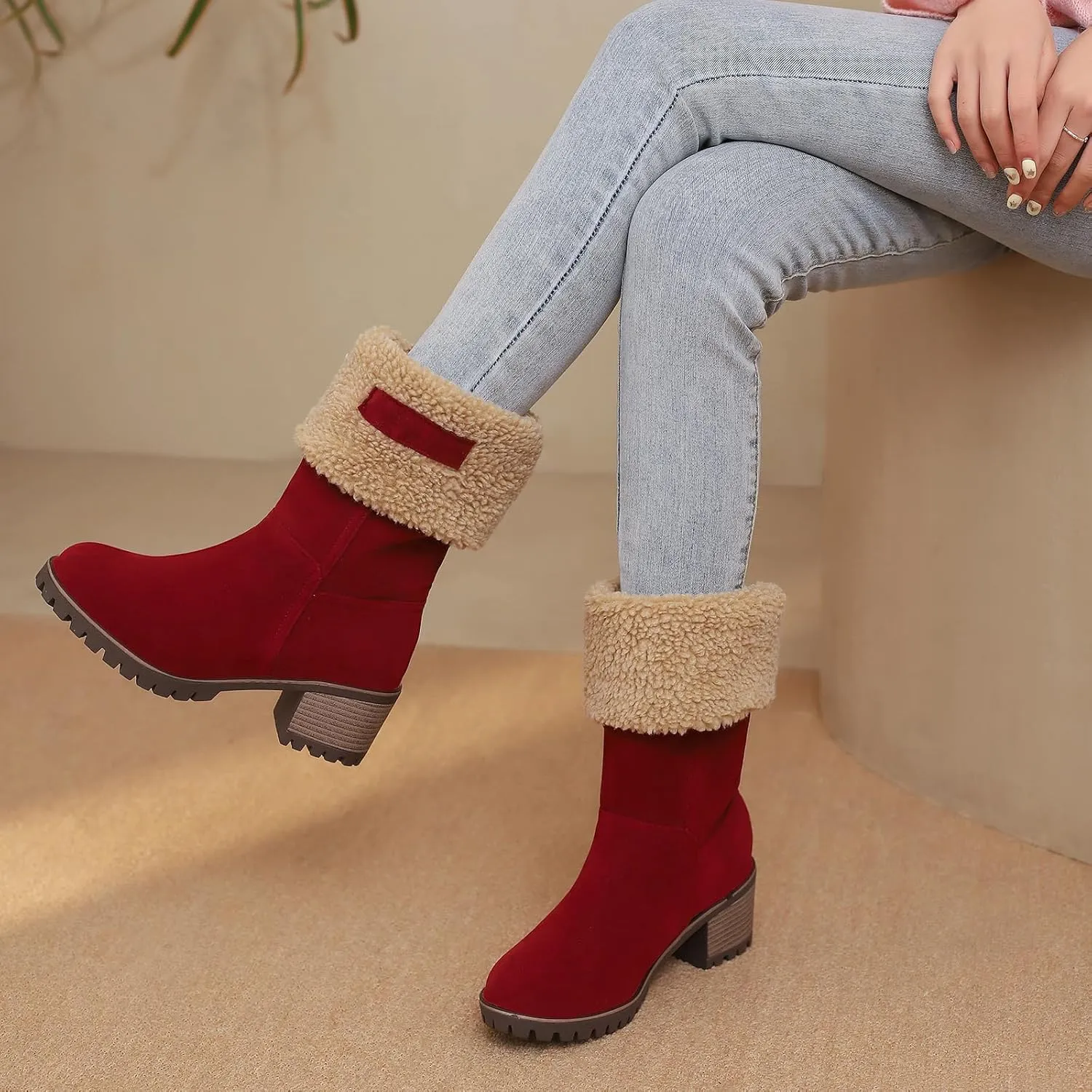 Gicoiz Women Block Heels Warm Mid Calf Snow Boots
