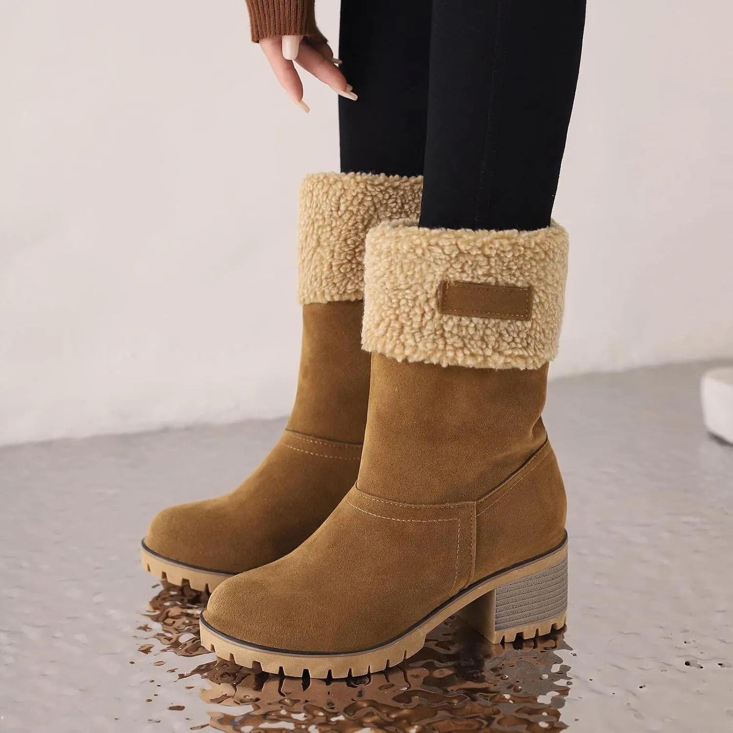 Gicoiz Women Block Heels Warm Mid Calf Snow Boots