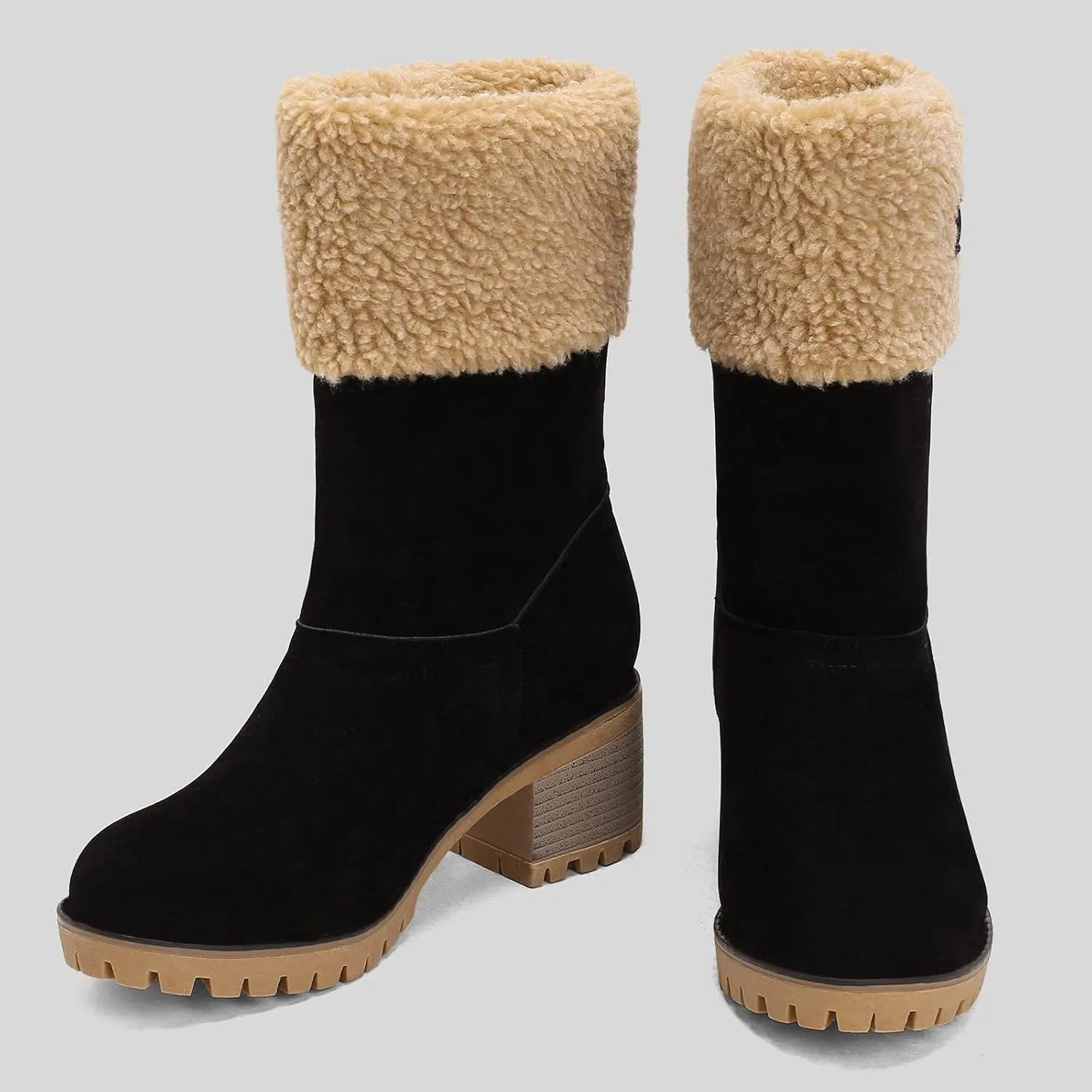 Gicoiz Women Block Heels Warm Mid Calf Snow Boots