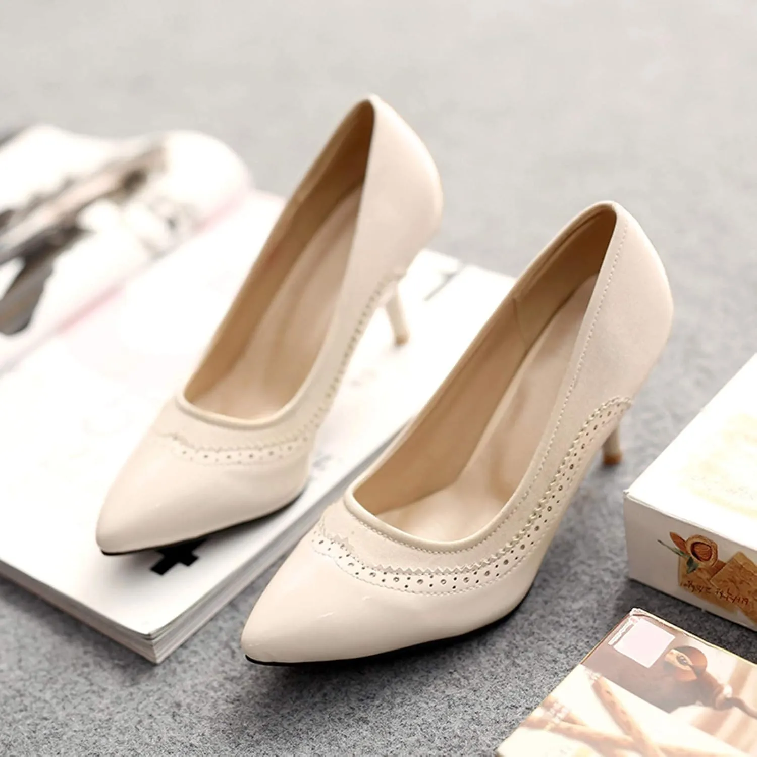 Gicoiz Women Pointed Toe Brogue Stiletto Heels Pumps