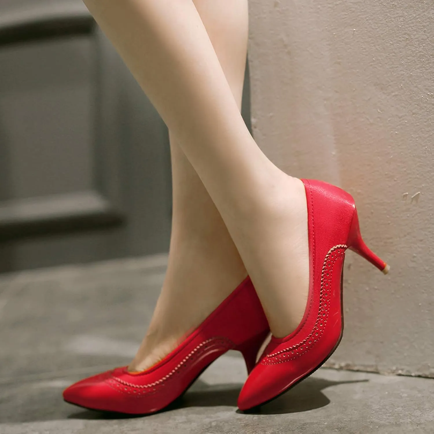 Gicoiz Women Pointed Toe Brogue Stiletto Heels Pumps