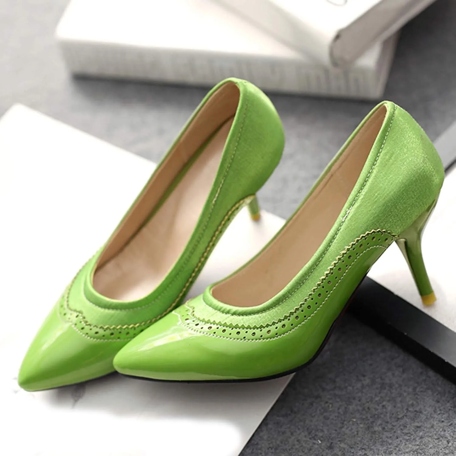 Gicoiz Women Pointed Toe Brogue Stiletto Heels Pumps