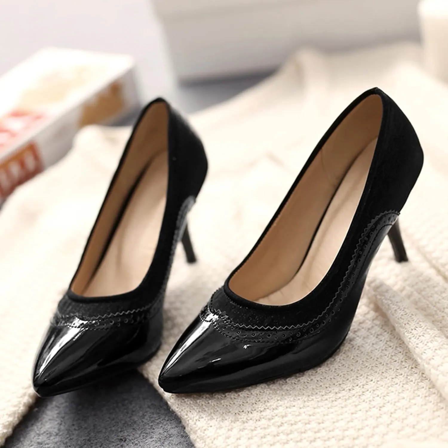 Gicoiz Women Pointed Toe Brogue Stiletto Heels Pumps