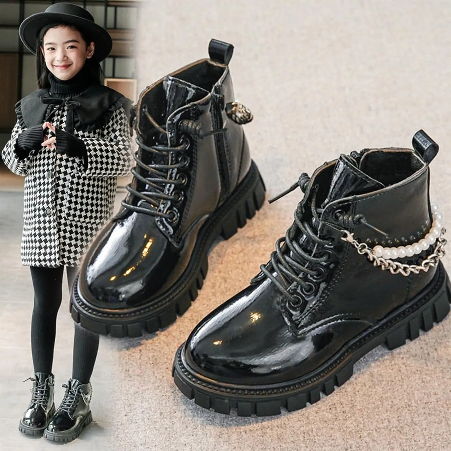 Girls Glitter Pearl Chain Boots Fashion Girls British Style Short Boots Fall Winter Big Kids Leather Soft-Sole Ankle Boots