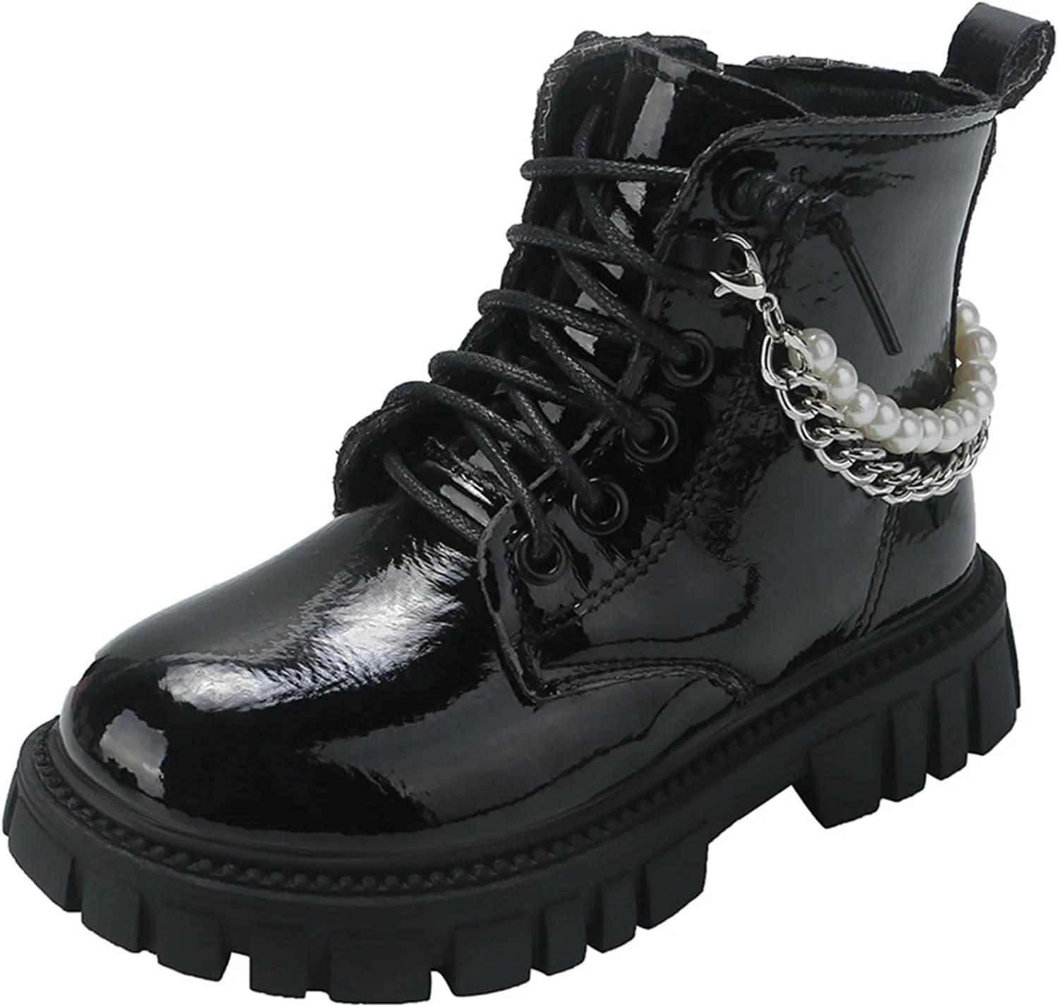 Girls Glitter Pearl Chain Boots Fashion Girls British Style Short Boots Fall Winter Big Kids Leather Soft-Sole Ankle Boots