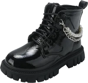Girls Glitter Pearl Chain Boots Fashion Girls British Style Short Boots Fall Winter Big Kids Leather Soft-Sole Ankle Boots