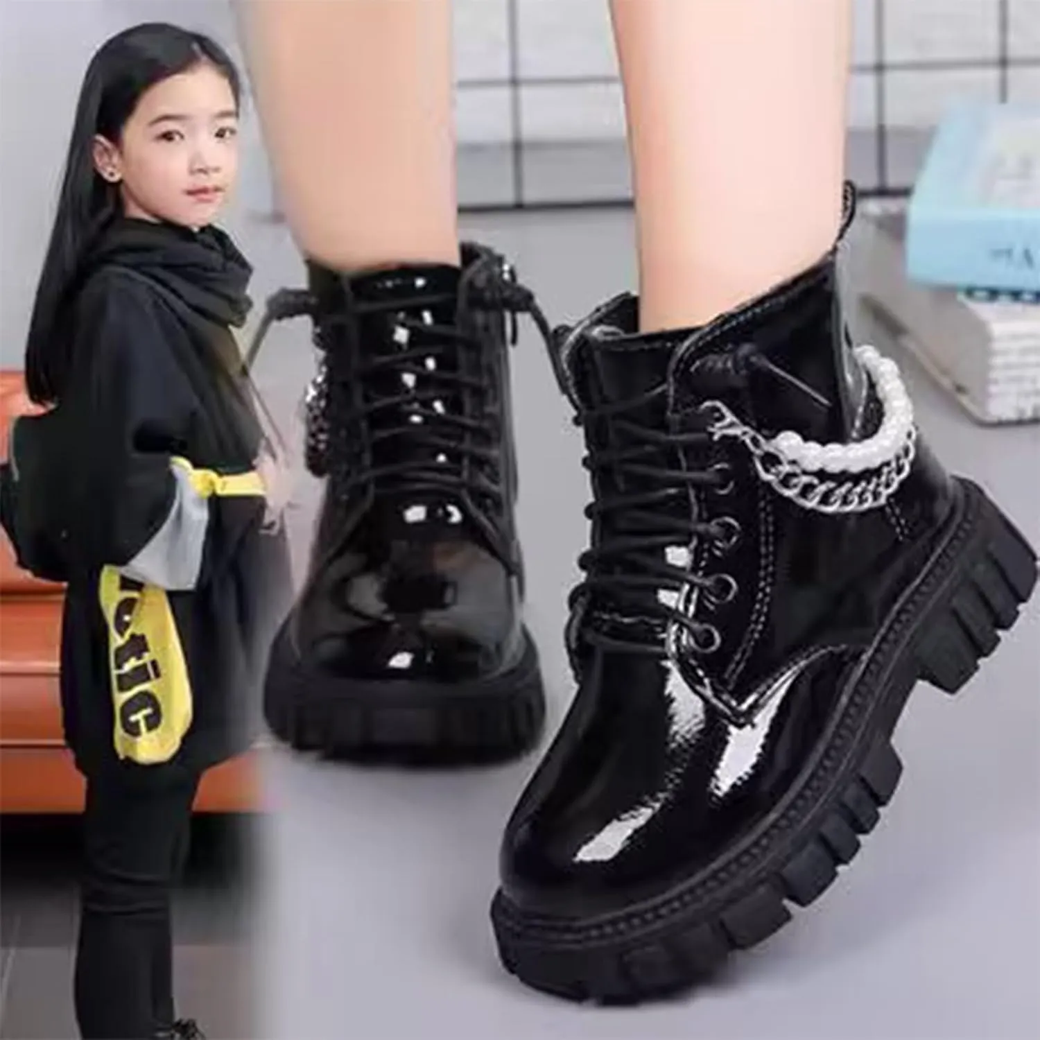 Girls Glitter Pearl Chain Boots Fashion Girls British Style Short Boots Fall Winter Big Kids Leather Soft-Sole Ankle Boots