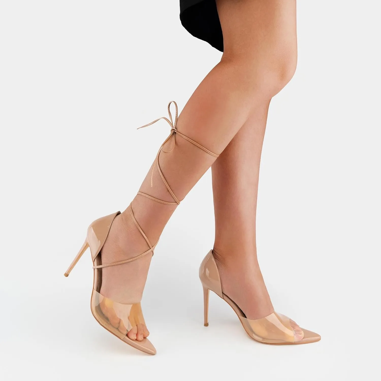 heelchic Clear Strap Heels for Women, Women Nude Pumps, Strappy Transparent Heeled Sandals Open Toe Slip On Shoes