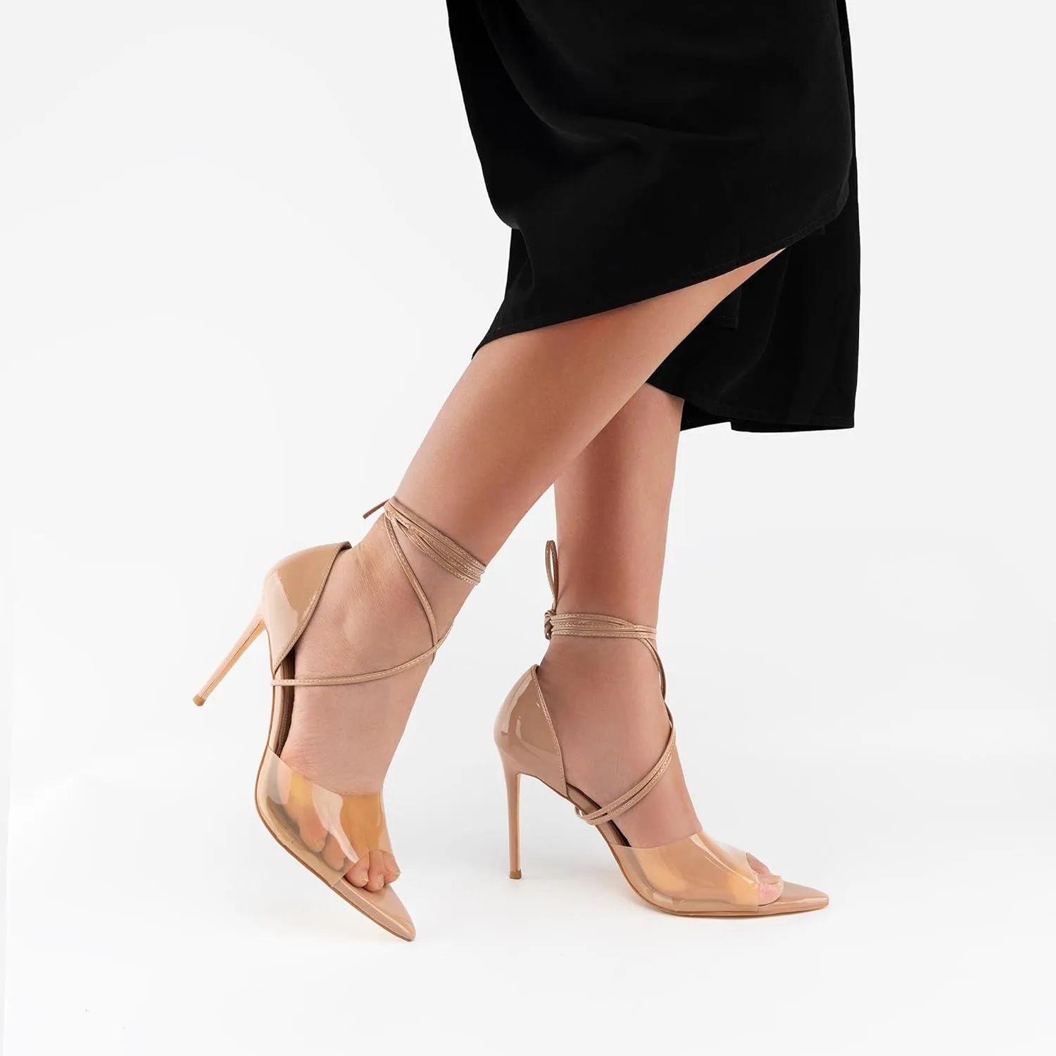 heelchic Clear Strap Heels for Women, Women Nude Pumps, Strappy Transparent Heeled Sandals Open Toe Slip On Shoes