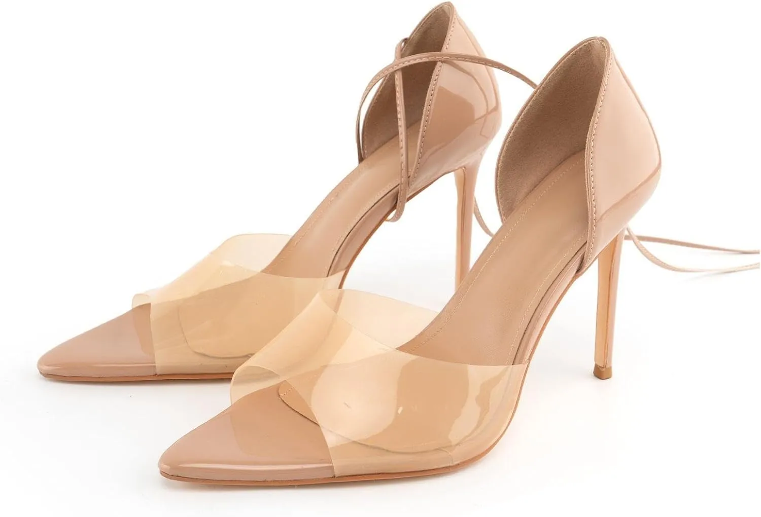 heelchic Clear Strap Heels for Women, Women Nude Pumps, Strappy Transparent Heeled Sandals Open Toe Slip On Shoes