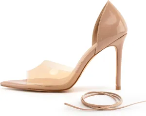 heelchic Clear Strap Heels for Women, Women Nude Pumps, Strappy Transparent Heeled Sandals Open Toe Slip On Shoes