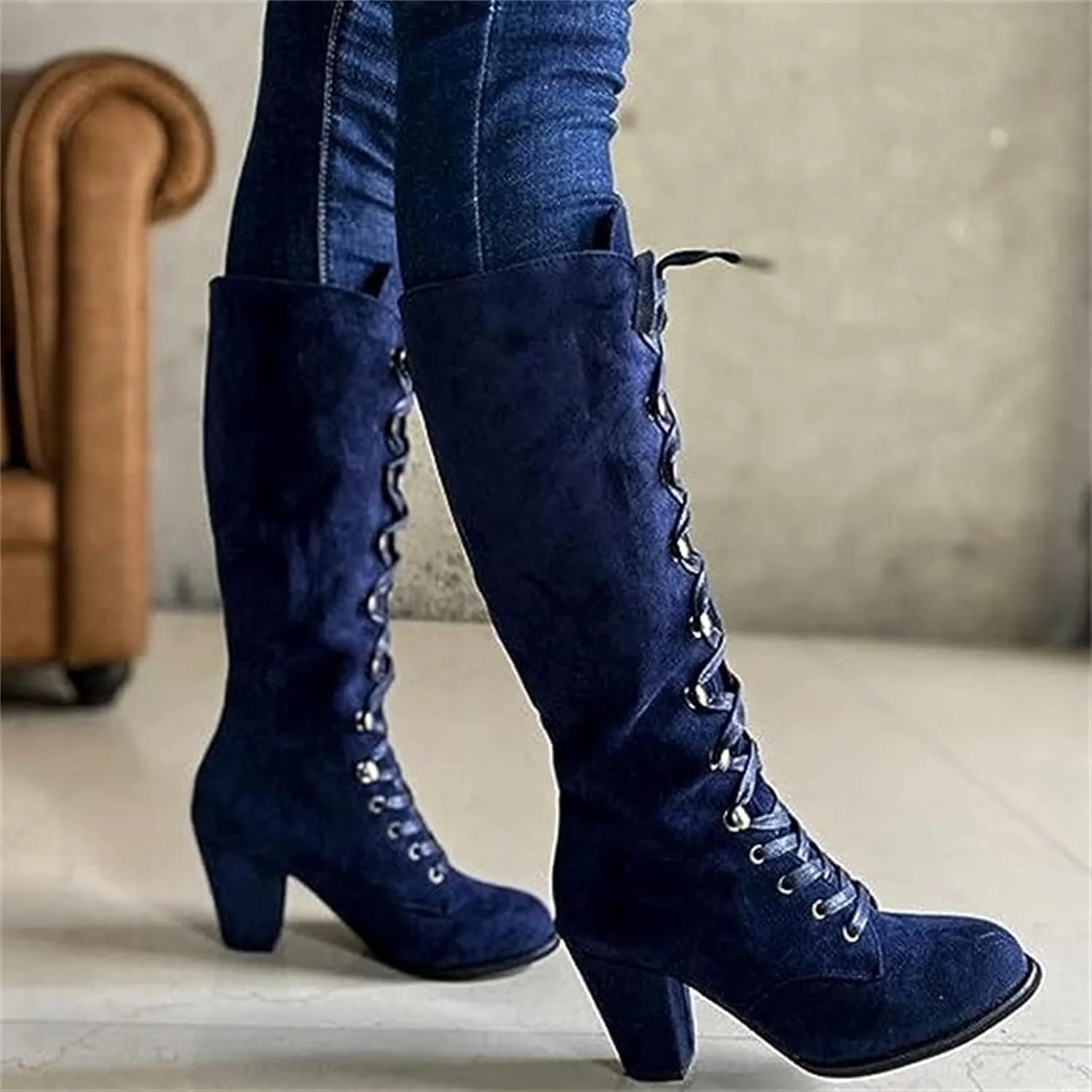 Ladmiple Fall Boots Women Knee High Wide Calf Chunky Stacked Low Block Heels Lace Up Classic Vintage Sexy Dress Shoes