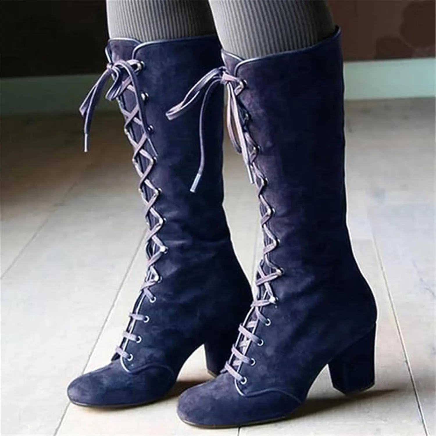 Ladmiple Fall Boots Women Knee High Wide Calf Chunky Stacked Low Block Heels Lace Up Classic Vintage Sexy Dress Shoes