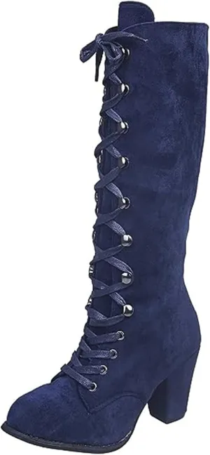 Ladmiple Fall Boots Women Knee High Wide Calf Chunky Stacked Low Block Heels Lace Up Classic Vintage Sexy Dress Shoes