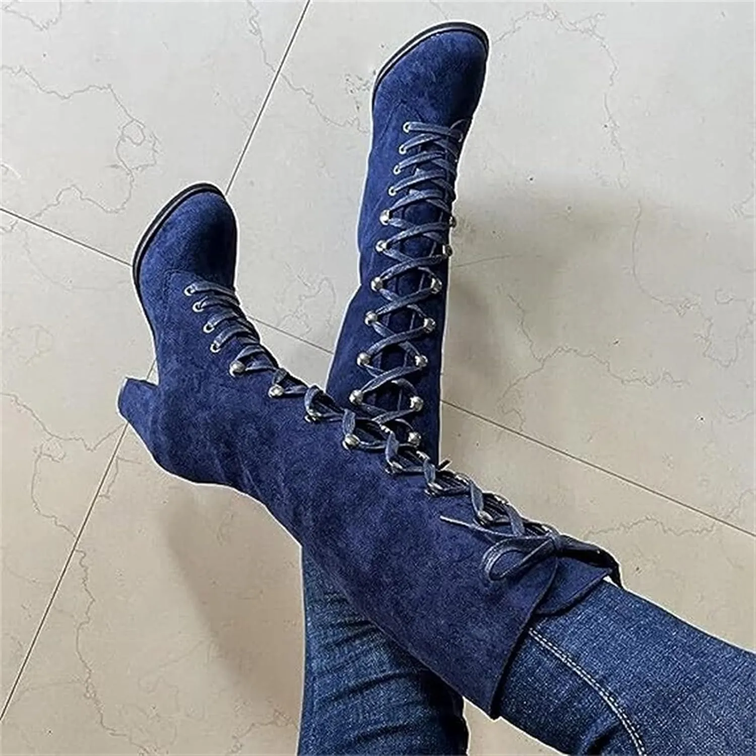 Ladmiple Fall Boots Women Knee High Wide Calf Chunky Stacked Low Block Heels Lace Up Classic Vintage Sexy Dress Shoes