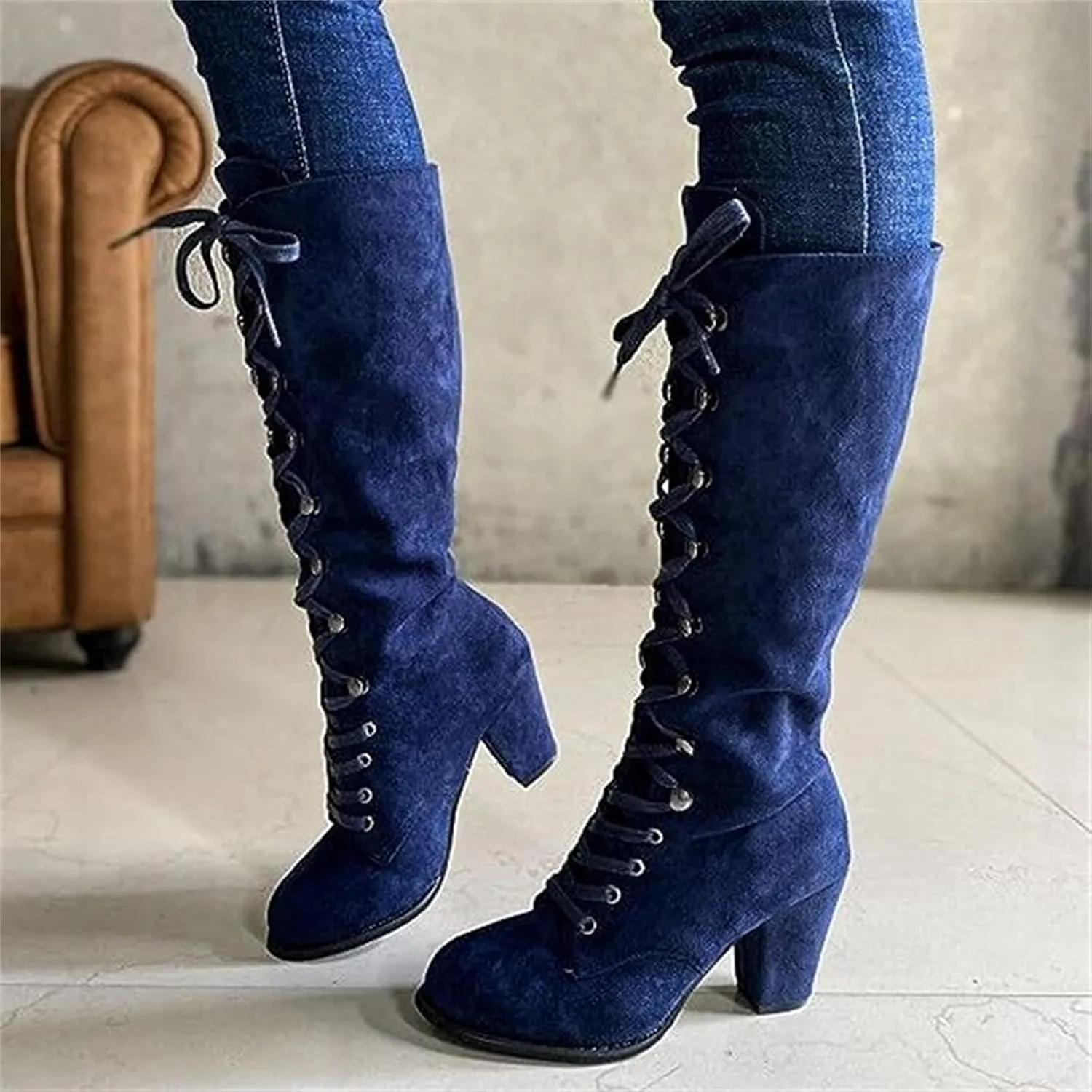 Ladmiple Fall Boots Women Knee High Wide Calf Chunky Stacked Low Block Heels Lace Up Classic Vintage Sexy Dress Shoes