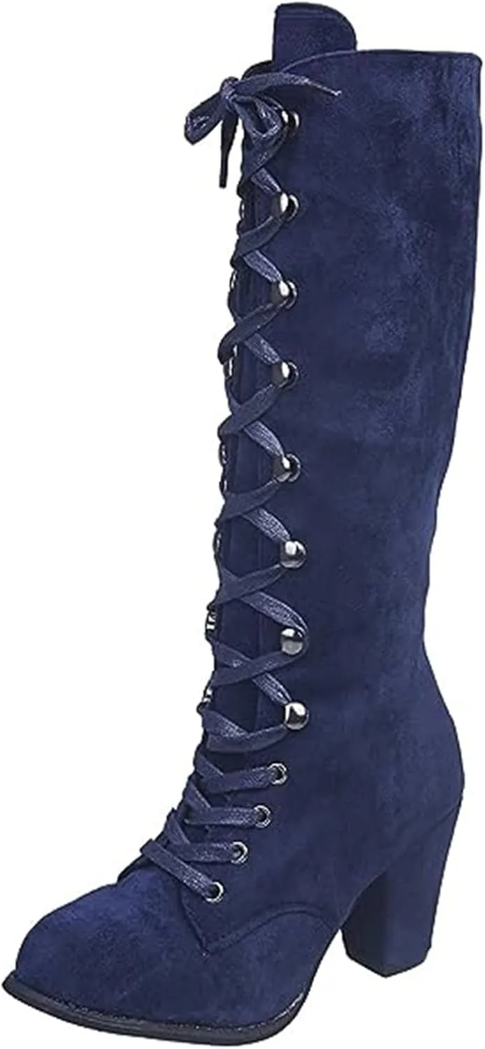 Ladmiple Fall Boots Women Knee High Wide Calf Chunky Stacked Low Block Heels Lace Up Classic Vintage Sexy Dress Shoes
