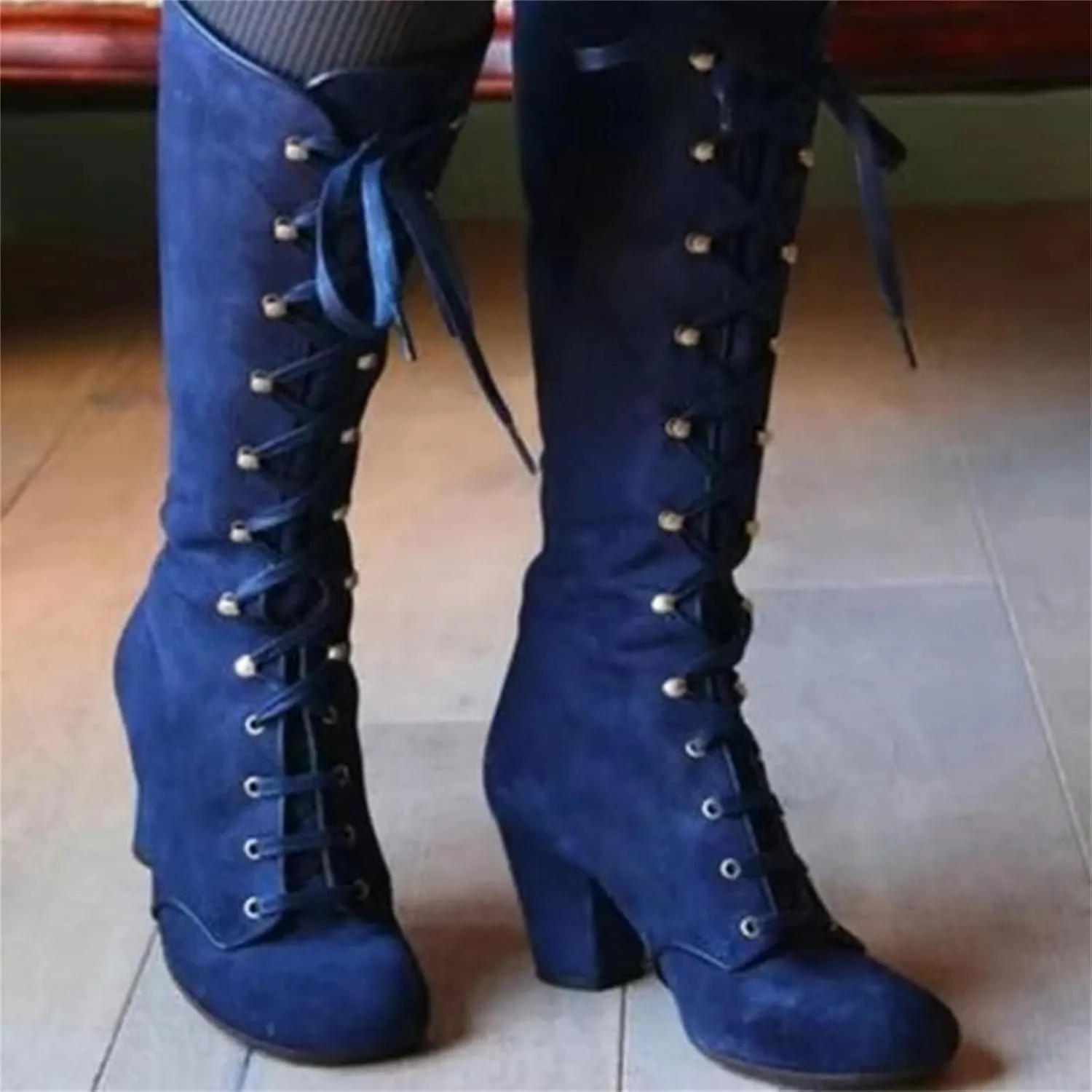 Ladmiple Fall Boots Women Knee High Wide Calf Chunky Stacked Low Block Heels Lace Up Classic Vintage Sexy Dress Shoes