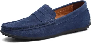 Loafer Shoes for Men Genuine Leather Stitching Details Round Toe Suede Vamp Penny Loafer Rubber Sole Resistant Flexible Flat Heel Lightweight Casual (Color : Deep Blue, Size : 6.5)