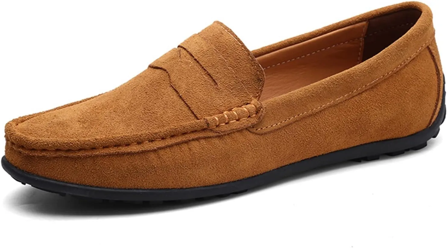 Loafer Shoes for Men Genuine Leather Stitching Details Round Toe Suede Vamp Penny Loafer Rubber Sole Resistant Flexible Flat Heel Lightweight Casual (Color : Light Brown, Size : 7.5)