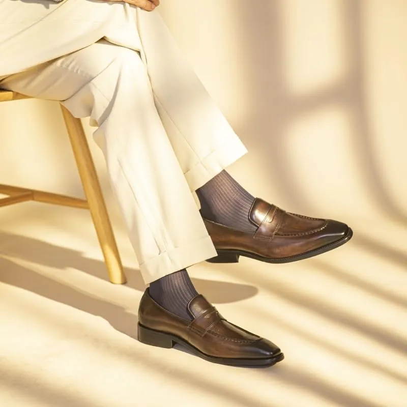 Men Party Shoes Leather Office Round Toe Casual Non Slip Low Top Block Heel Anti-Slip Dress Slip-on