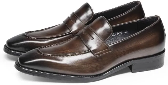 Men Party Shoes Leather Office Round Toe Casual Non Slip Low Top Block Heel Anti-Slip Dress Slip-on