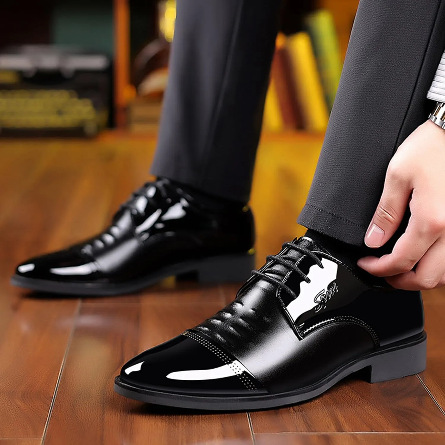 Men's Dress Shoes Fashion Patent Leather Oxfords Classic Lace-up Formal Shoes Business Wedding Derby Shoes