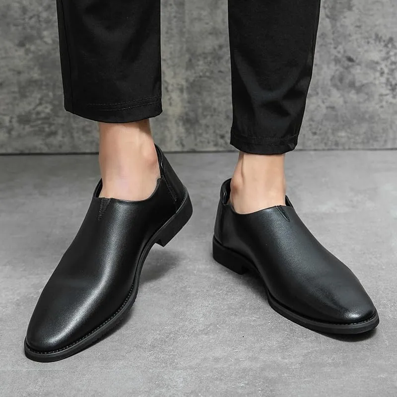 Men's Genuine Leather Brogue Shoes, Casual Formal Work Dress Slip-On Loafers, Height Increasing Black Leather Shoes for Men