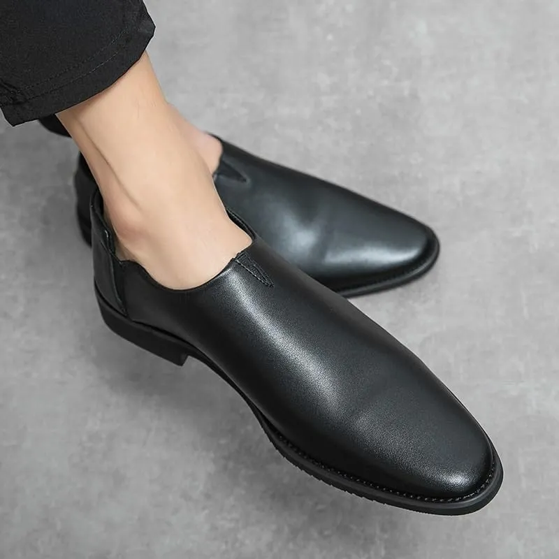Men's Genuine Leather Brogue Shoes, Casual Formal Work Dress Slip-On Loafers, Height Increasing Black Leather Shoes for Men