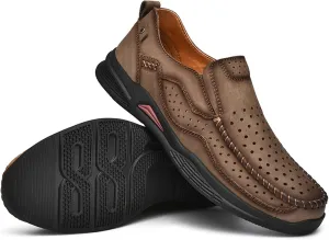 Men's Genuine Leather Casual Loafers Handsewn Comfortable Soft Sole Slip On Moccasins Shoes Driving Walking Loafers