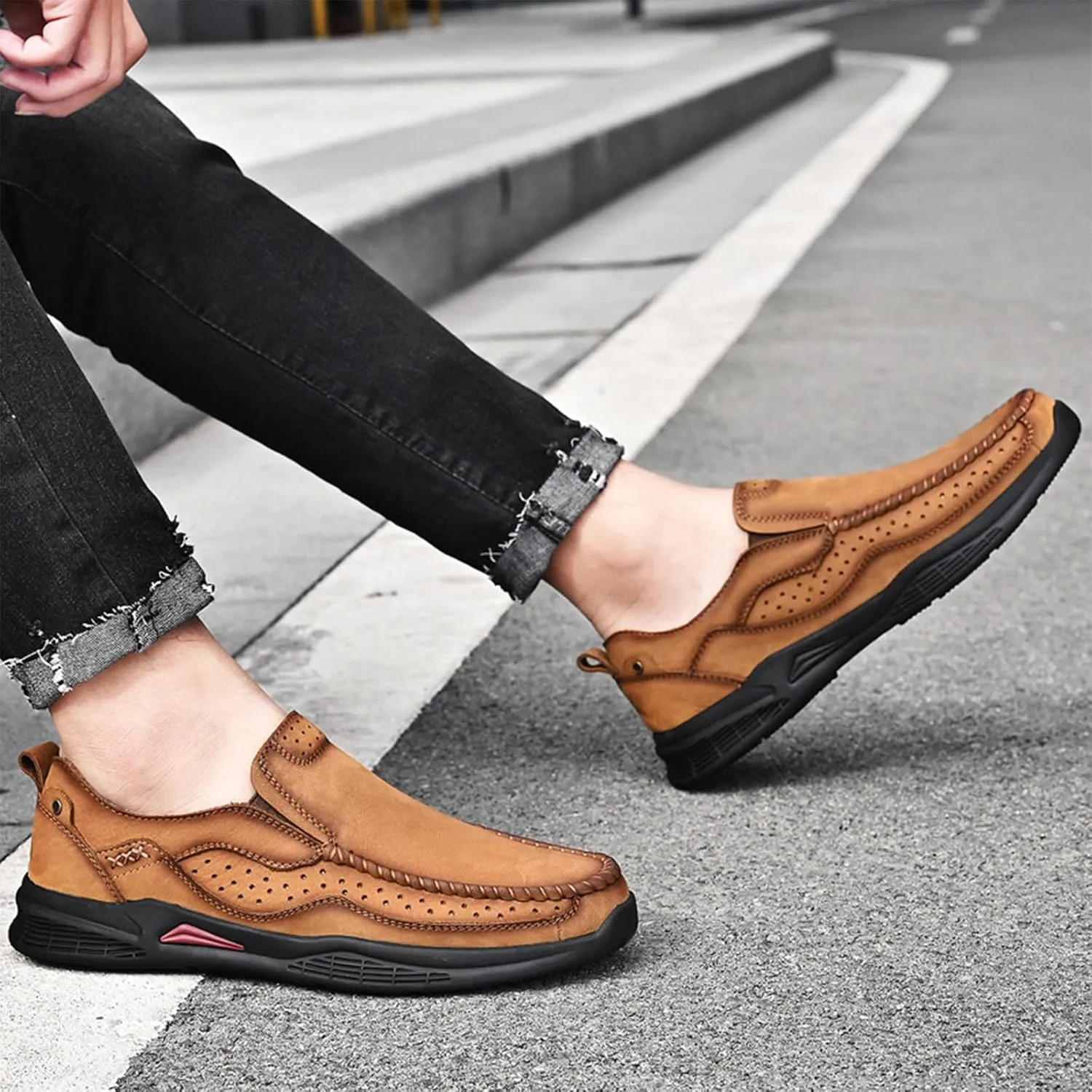 Men's Genuine Leather Casual Loafers Handsewn Comfortable Soft Sole Slip On Moccasins Shoes Driving Walking Loafers