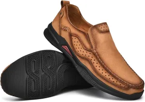 Men's Genuine Leather Casual Loafers Handsewn Comfortable Soft Sole Slip On Moccasins Shoes Driving Walking Loafers