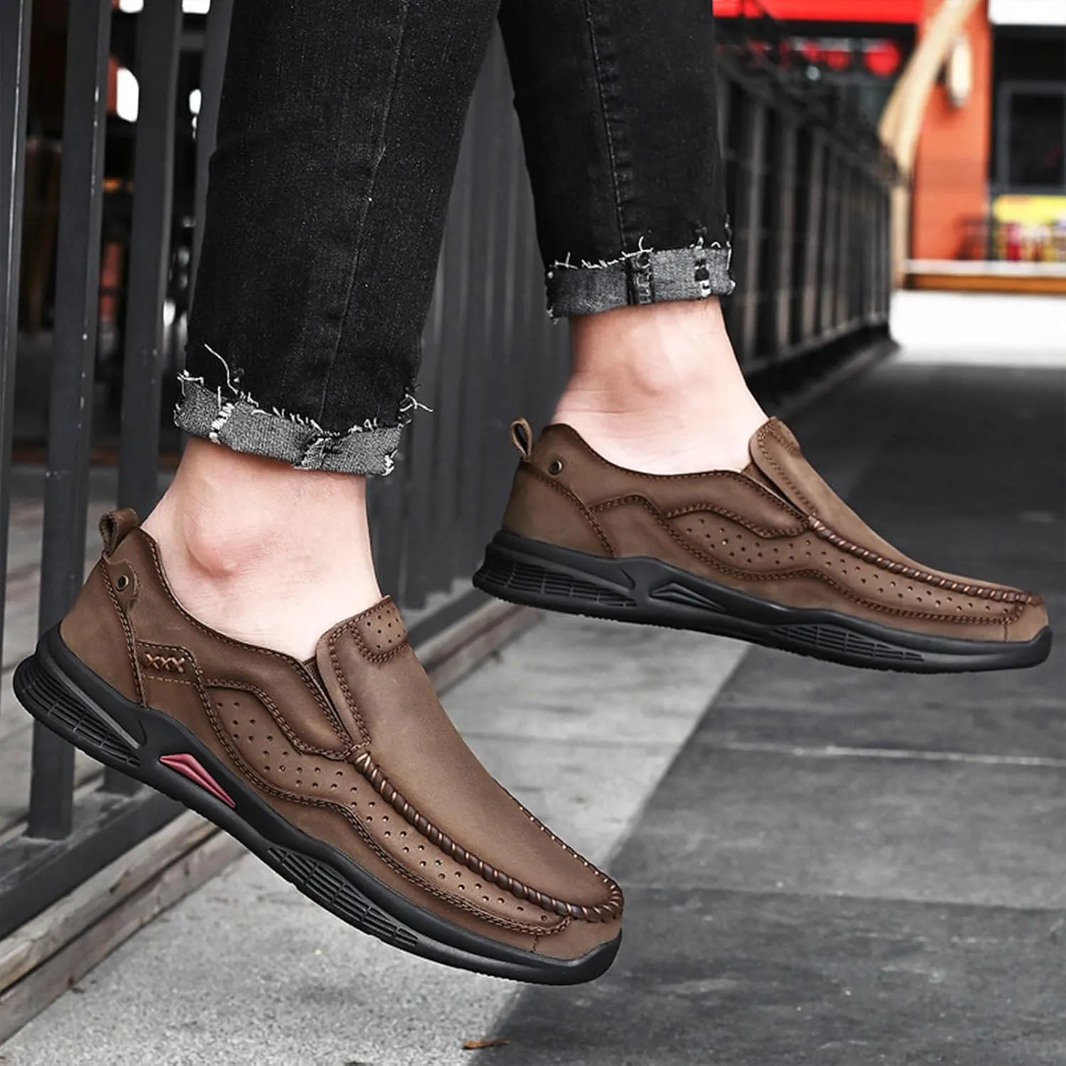 Men's Genuine Leather Casual Loafers Handsewn Comfortable Soft Sole Slip On Moccasins Shoes Driving Walking Loafers