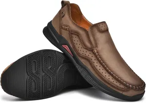 Men's Genuine Leather Casual Loafers Handsewn Comfortable Soft Sole Slip On Moccasins Shoes Driving Walking Loafers