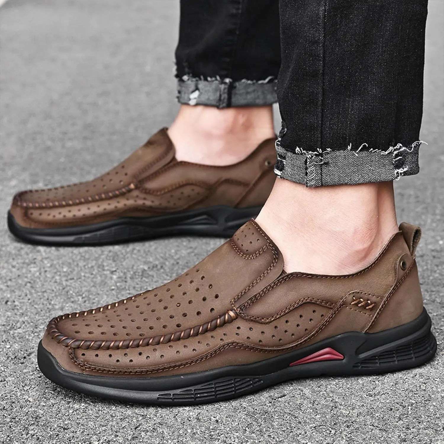 Men's Genuine Leather Casual Loafers Handsewn Comfortable Soft Sole Slip On Moccasins Shoes Driving Walking Loafers
