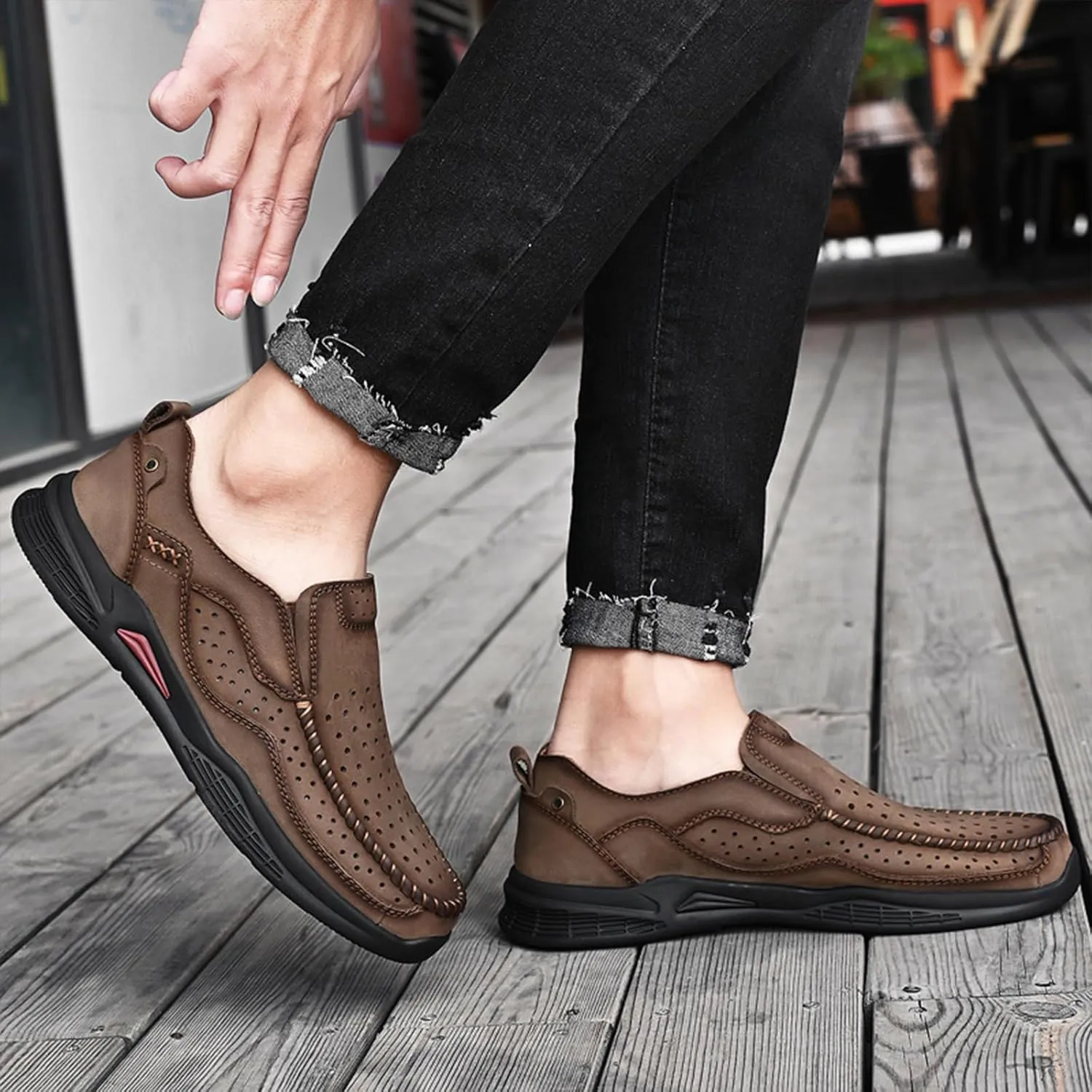 Men's Genuine Leather Casual Loafers Handsewn Comfortable Soft Sole Slip On Moccasins Shoes Driving Walking Loafers