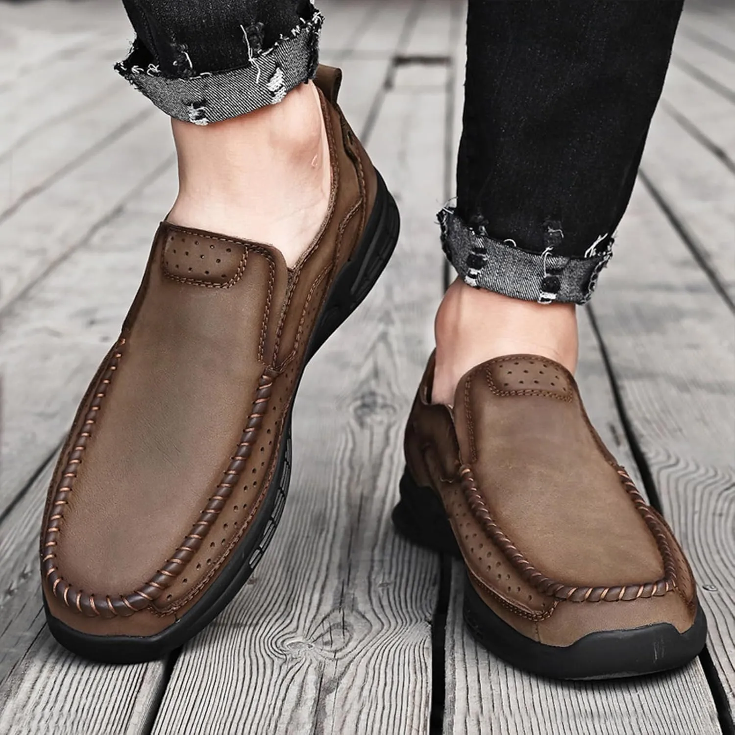 Men's Genuine Leather Casual Loafers Handsewn Comfortable Soft Sole Slip On Moccasins Shoes Driving Walking Loafers