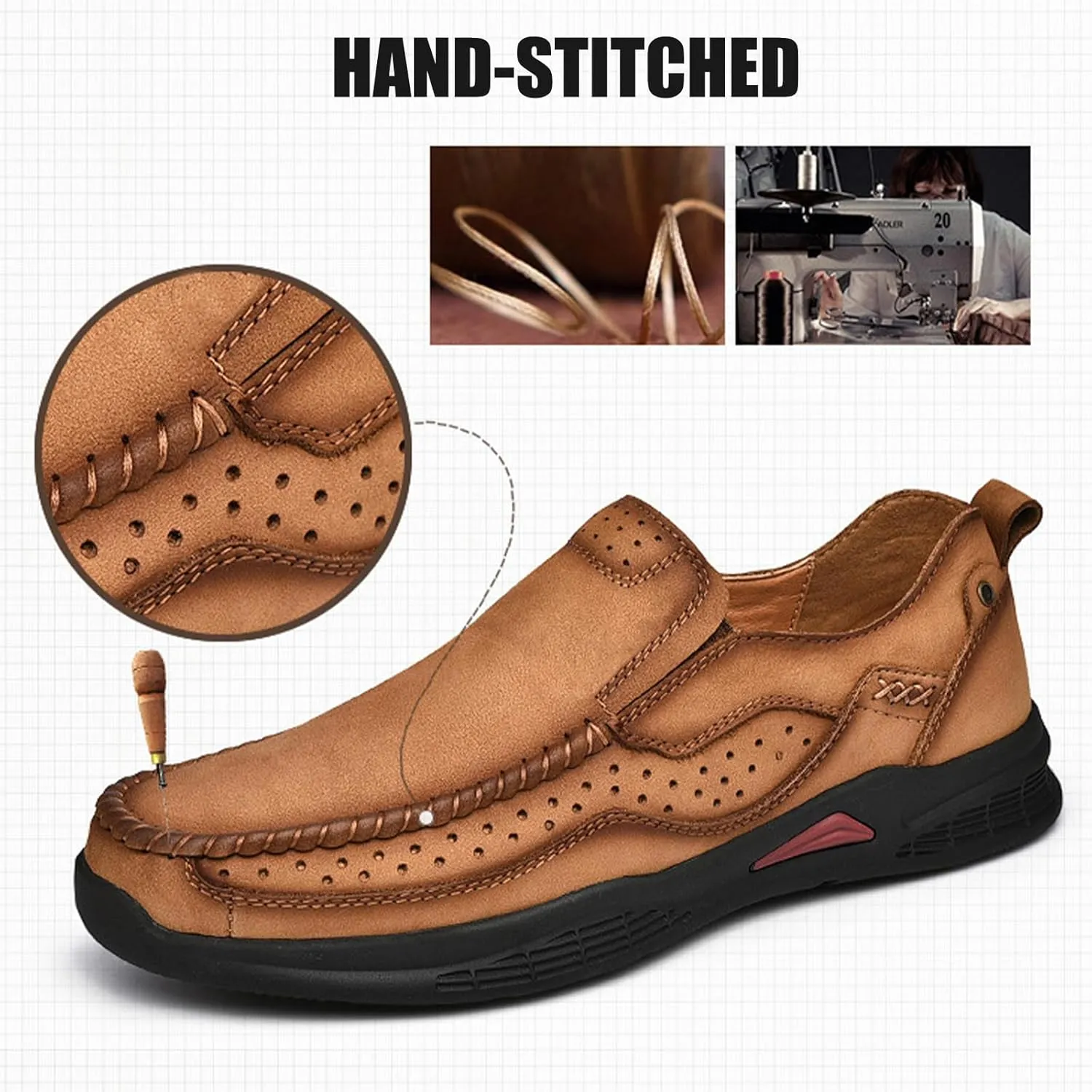 Men's Genuine Leather Casual Loafers Handsewn Comfortable Soft Sole Slip On Moccasins Shoes Driving Walking Loafers