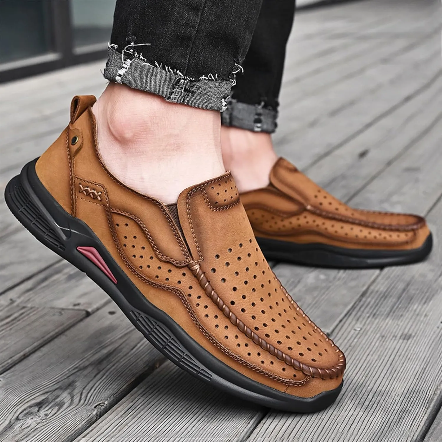 Men's Genuine Leather Casual Loafers Handsewn Comfortable Soft Sole Slip On Moccasins Shoes Driving Walking Loafers