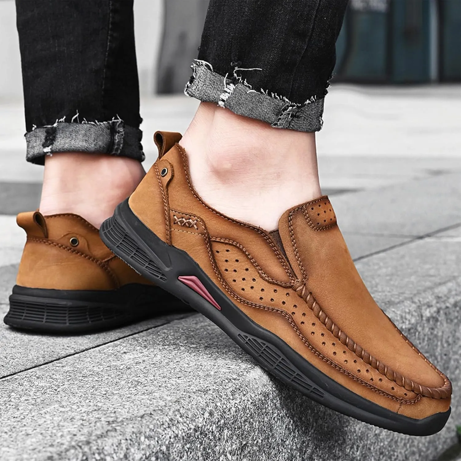Men's Genuine Leather Casual Loafers Handsewn Comfortable Soft Sole Slip On Moccasins Shoes Driving Walking Loafers