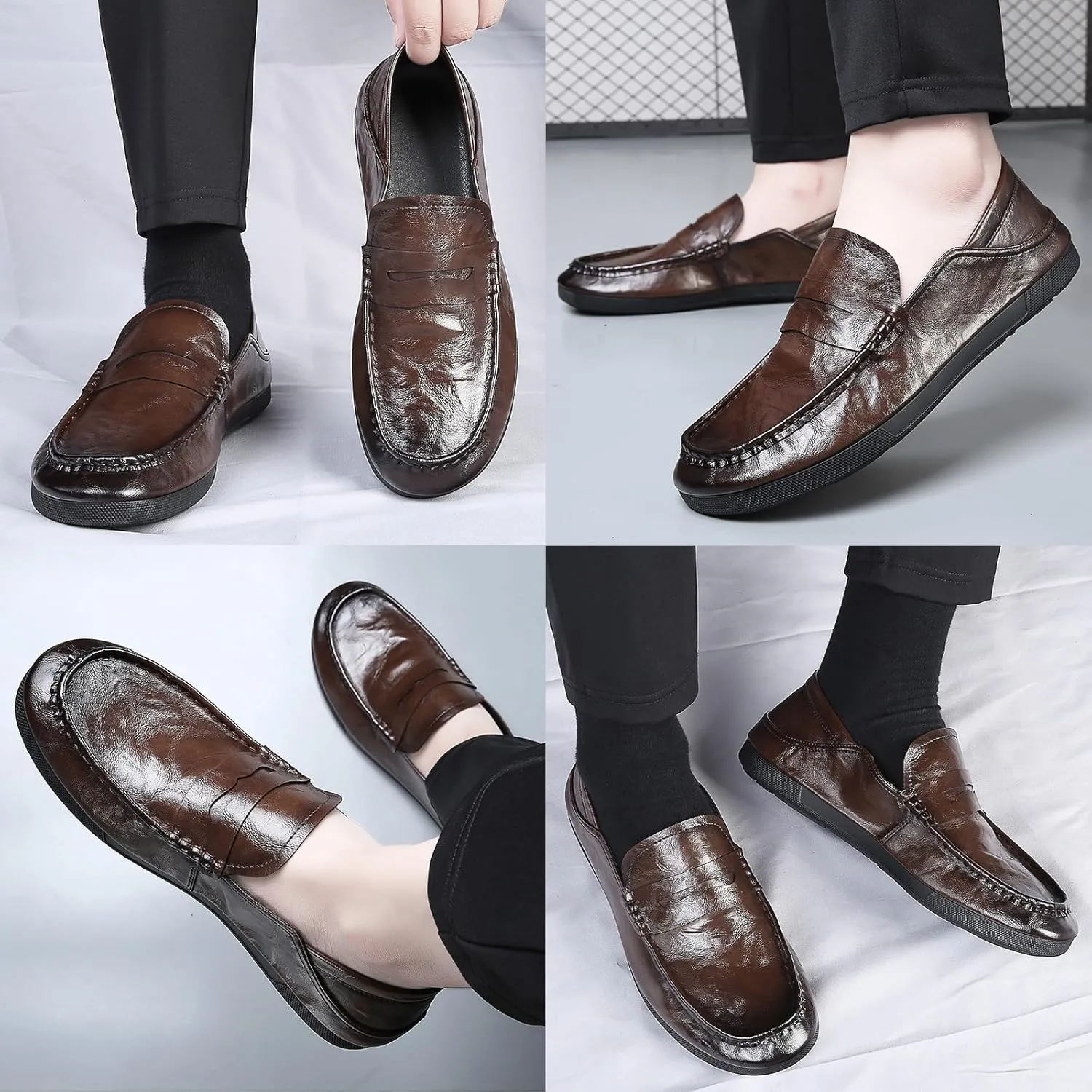 Men's Genuine Leather Casual Loafers,Slip On Comfort Non-Slip Soft Sole Driving Walking Flat Shoes Moccasin Shoes