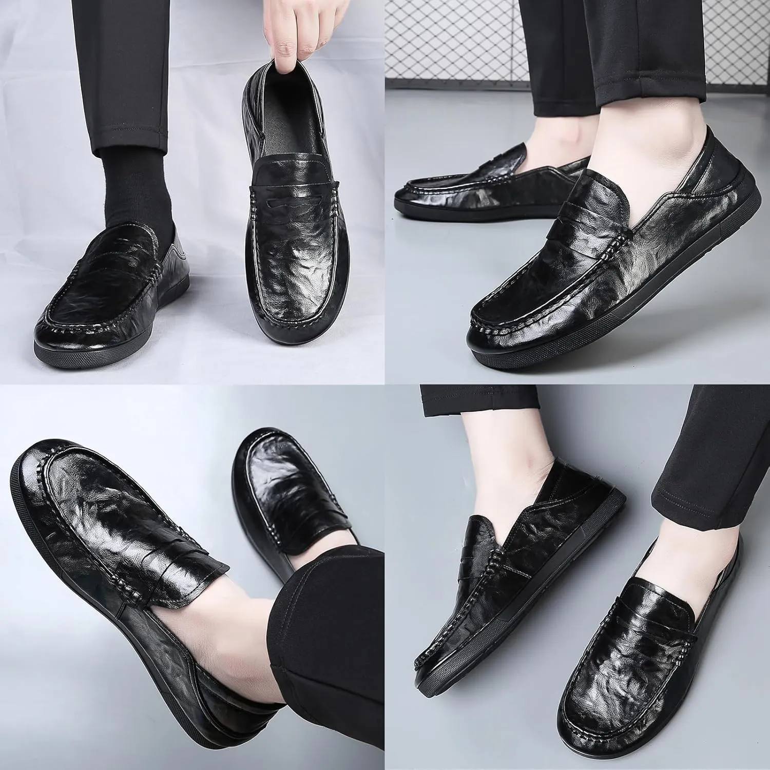 Men's Genuine Leather Casual Loafers,Slip On Comfort Non-Slip Soft Sole Driving Walking Flat Shoes Moccasin Shoes