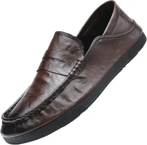 Men's Genuine Leather Casual Loafers,Slip On Comfort Non-Slip Soft Sole Driving Walking Flat Shoes Moccasin Shoes