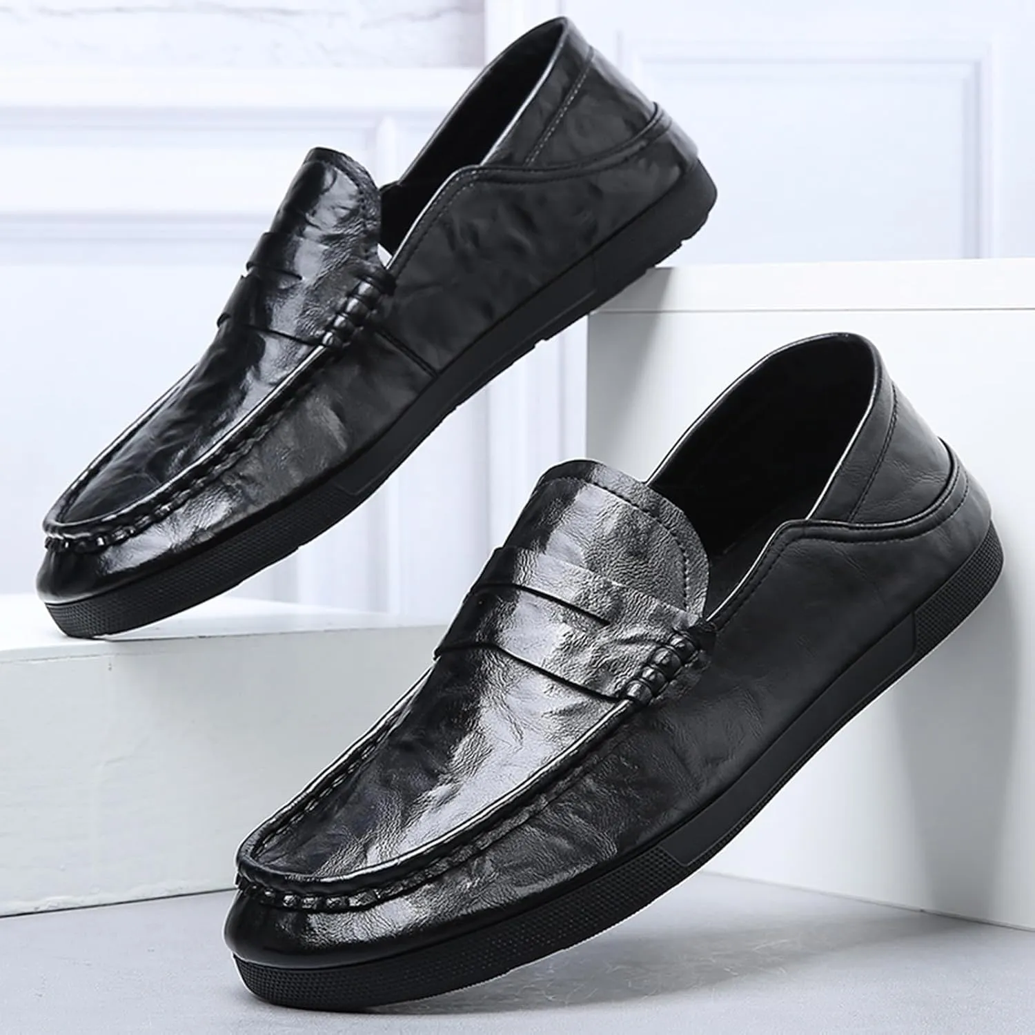 Men's Genuine Leather Casual Loafers,Slip On Comfort Non-Slip Soft Sole Driving Walking Flat Shoes Moccasin Shoes