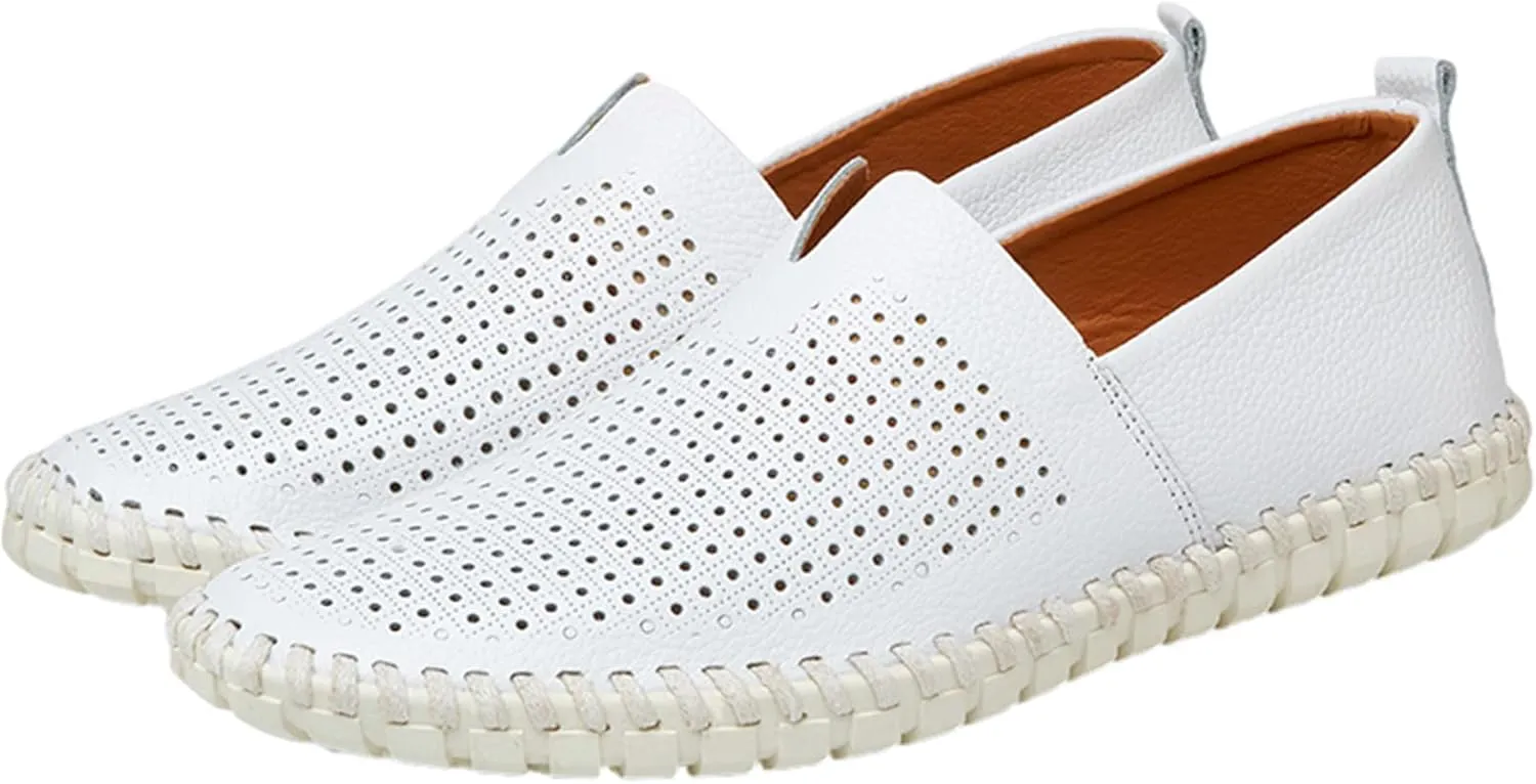 Men's Genuine Leather Loafer Flats Slip-On Soft Handmade Sole Summer Hollowed Casual Driving Shoes