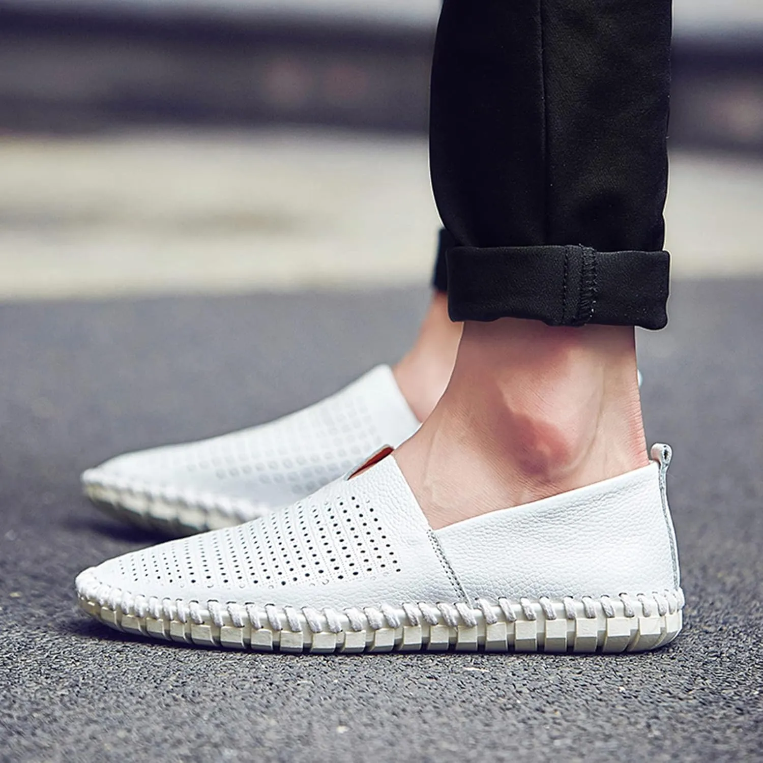 Men's Genuine Leather Loafer Flats Slip-On Soft Handmade Sole Summer Hollowed Casual Driving Shoes