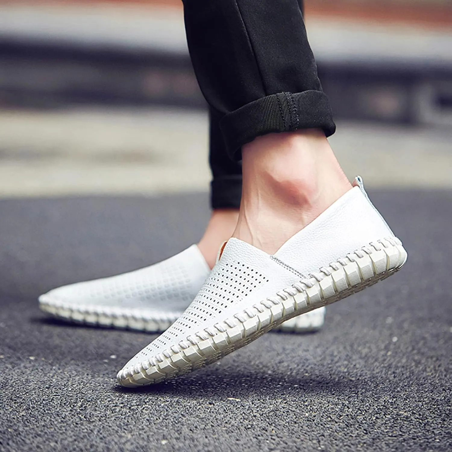 Men's Genuine Leather Loafer Flats Slip-On Soft Handmade Sole Summer Hollowed Casual Driving Shoes